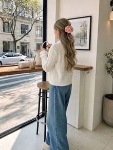 Utumn Women's White Ruffle Trim V Neck Cardigan, Long Sleeve Hollow Eyelet Knit, Button Front Soft Knit Tops, Fall Daily Casual Outfits - White - View 2