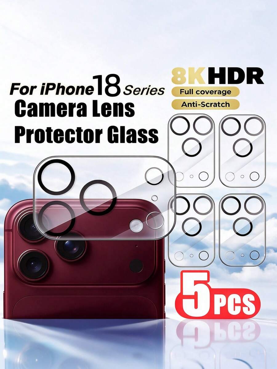 5Pcs Silk Print Camera Lens Protector, 9H Tempered Glass Ultra HD Clear Full Coverage Anti-Scratch Anti-Fingerprint Shatterproof Transparent Phone Lens Protective Film Compatible With IPhone Duo 17/18 Pro Max Air