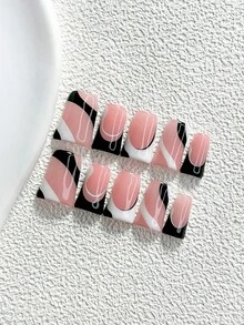 秋冬款 10片裝時尚極簡風手工穿戴甲，Polygel美甲套組，幾何線條黑白指甲油，斜邊法式風，杏仁甲、鴨嘴甲、棺材甲，適合派對、舞蹈、日常佩戴（手工細節可能有所不同） - 彩色 - 查看 16