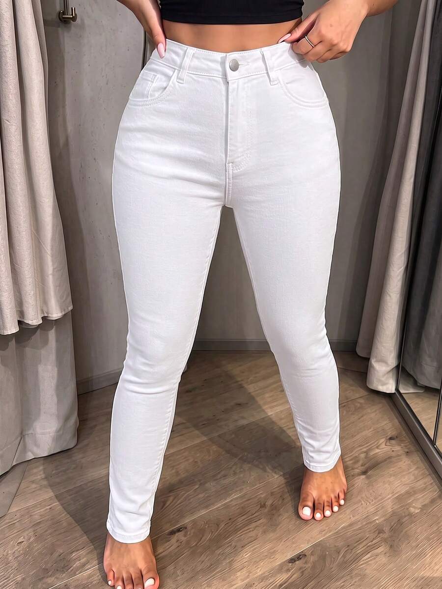 Cross-Border All-Season Minimalist Elegant Casual Women's Denim Skinny Jeans - White - View 1