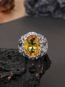 1 buah Cincin Statement Vintage Kristal Kuning Oval Besar yang Modis, Cincin Pita Lebar Berukir Dua Warna Emas & Perak, Cocok untuk Pesta & Pemakaian Sehari-hari, Pilihan Hadiah yang Sempurna - Cincin oval kuning - View 10