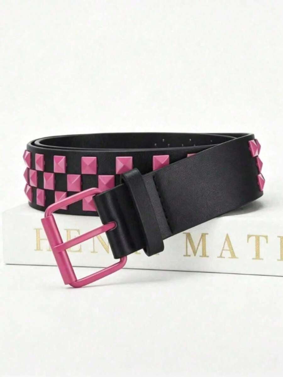1pc Unisex Punk Style Metal Rivet Belt, Casual Everyday Adjustable Belt - Pink - View 1