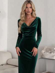 Women's Elegant Velvet Midi Dress, Cowl Neck Long Sleeve Bodycon Dress With Fitted Waist & Back Slit For Fall/Winter, Cocktail Parties & Evening Wear - Dark Green - View 2