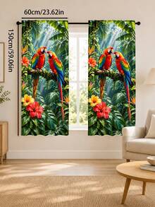 2pcs Jungle Colorful Bird Tropical Floral Pattern Printed Curtains, Single-Sided Printing, Semi-Sheer - Rod Pocket Curtains, Bedroom Living Room Kitchen Decor, Multiple Sizes Available, Privacy Protection Machine Washable, Fade-Resistant Curtains (Rod Not Included) - A - View 11