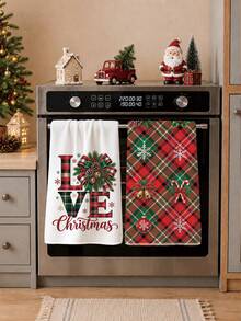 2PCS Kitchen Towels Christmas Plaid LOVE Christmas Print 40*60cm Country Farm Style Rectangular Microfiber Kitchen Towels, Dish Cloths, Tablecloths, Hand Towels, Bathroom Kitchen Decor, Winter Home Decor, Neighbor Housewarming Gift, Perfect For Kitchen And Bathroom Use, Suitable For Housewives And Family Gatherings Gift, High Cost-Performance, Household Essential - Multicolor - View 6