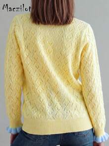 Plus Size Women's Autumn/Winter Colorblock Ruffle Knit Cardigan, Pearl Button Hollow Out Slim Fit Flattering Long Sleeve Casual Sweater Jacket - Pale Yellow - View 4