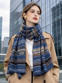 1pc Blue Striped Unisex Pashmina Short Fringe Scarf Shawl, Suitable For Daily Commute Outerwear, Autumn/Winter - Blue - View 1