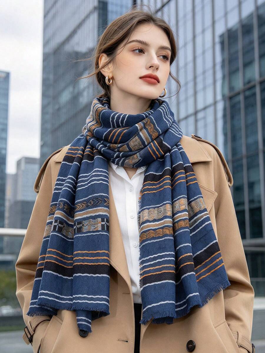 1pc Blue Striped Unisex Pashmina Short Fringe Scarf Shawl, Suitable For Daily Commute Outerwear, Autumn/Winter - Blue - View 1