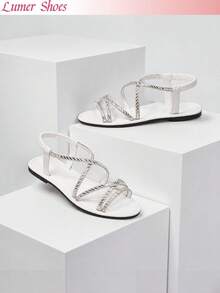 Women's White Rhinestone Criss-Cross Flat Sandals, Sparkling Open Toe Elastic Back Strap Sandals, Summer Beach Casual Sparkling Sandals Suitable For Daily, Party, Holiday - White - View 1