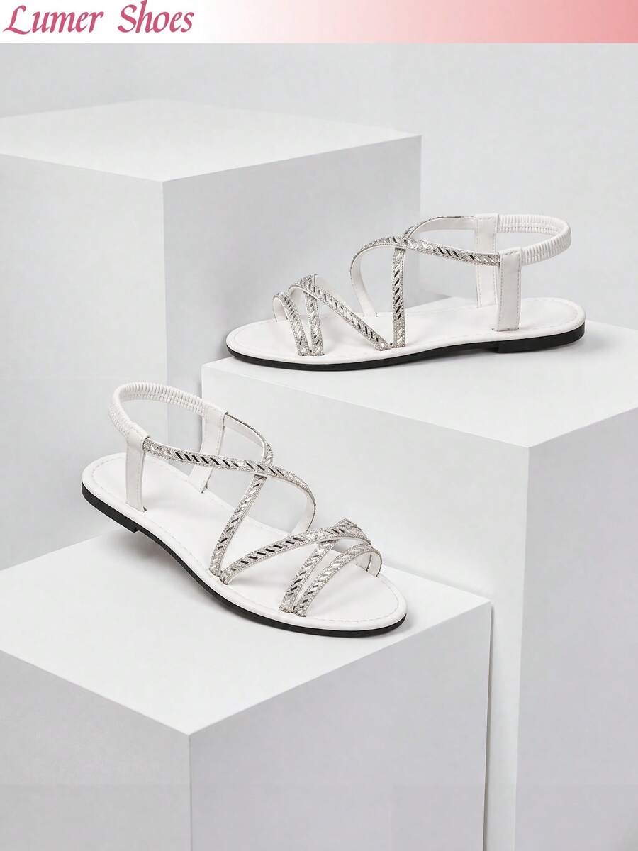 Women's White Rhinestone Criss-Cross Flat Sandals, Sparkling Open Toe Elastic Back Strap Sandals, Summer Beach Casual Sparkling Sandals Suitable For Daily, Party, Holiday - White - View 1