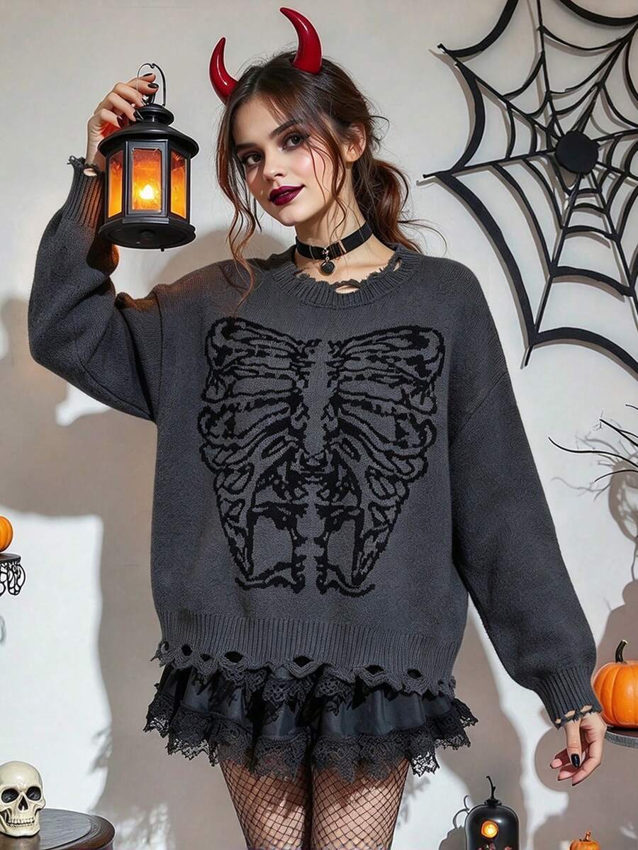 HOMEYEE Women's Autumn/Winter Distressed Skull Jacquard Half-High Neck Sweater, Gray Base With Contrast Color Trim Hem, Loose Lazy Pullover Knit Top For Halloween