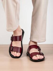 New Summer Vacation Style Men's One-Strap Slide Sandals, Fashion Casual Indoor/Outdoor Dual-Use Comfortable Open-Toe Flat Sandals - Red Brown - View 3