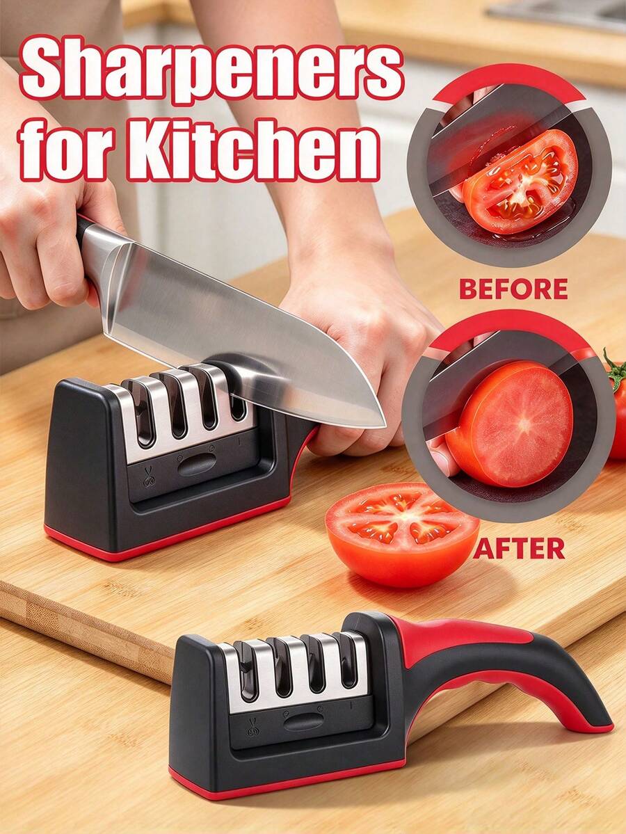 1pc Multi-Function Household Plastic Knife Sharpener, With 4 Sharpening Slots, 3-Stage Sharpening, Kitchen Manual Sharpening Stone, Handheld Multi-Function Quick Sharpening Tool, With Base Kitchen Accessory, Suitable For Scissors And Other Accessories Quick 3-Stage Repair, Tungsten Steel Material - Multicolor - View 1