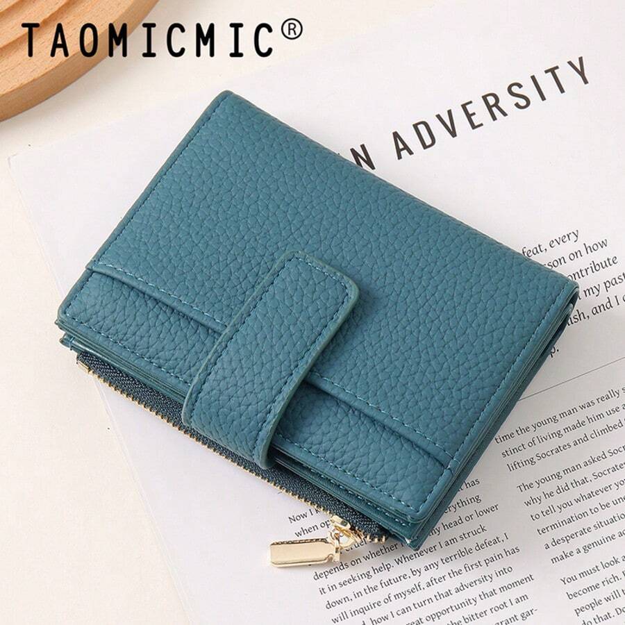 Women's PU Leather Wristlet Short Wallet, Fashionable Versatile Litchi Grain, Snap Button With Zipper Coin Pocket, Multi-Card Slot Folding Wallet