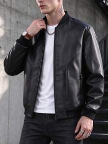 Men's Structured Seam Faux Leather Aviator Jacket, Ribbed Hem And Cuffs Baseball Collar Multi-Zipper Pockets PU Coat, Suitable For Autumn/Winter Wear - Black - View 3