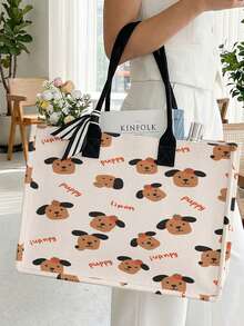 1pc Cute Cartoon Pattern Print Canvas Tote Bag, Open Top Large Capacity Reusable Portable Handbag For Shopping Work School Daily Travel - Multicolor - View 3