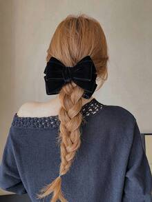 1pc French Style Black Velvet 3D Bow Banana Hair Clip, Vintage Elegant Vertical Clip For Daily Commute, Date, Half-Up High Ponytail Hair Accessory - Black - View 4