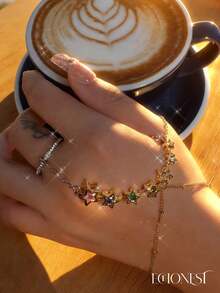 EchoNest 1pc Gold Stainless Steel Zirconia Shiny Star Finger Chain Double Layer Bracelet, Vacation Party Finger Chain Decorative Accessory - Color - View 1