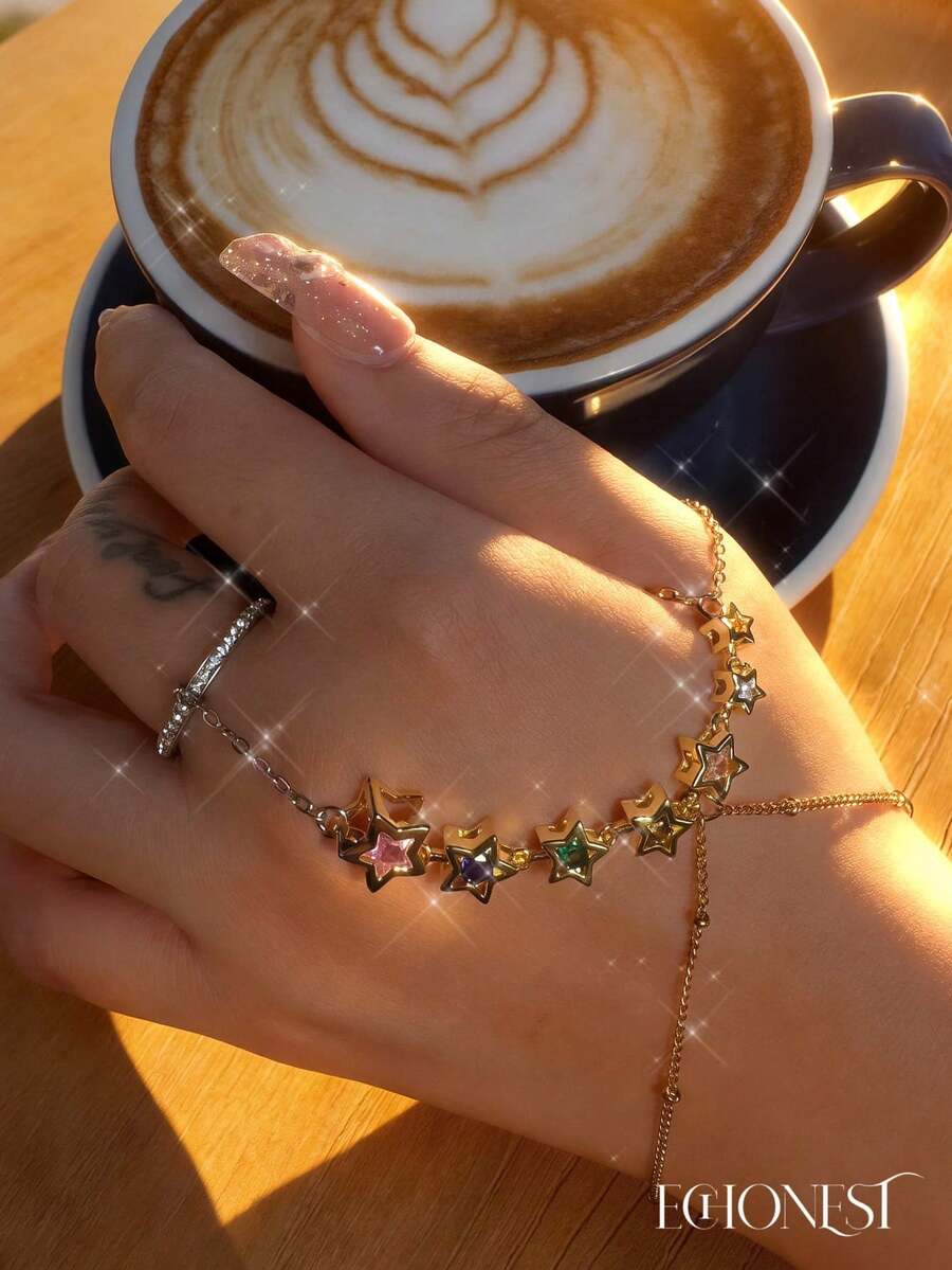 EchoNest 1pc Gold Stainless Steel Zirconia Shiny Star Finger Chain Double Layer Bracelet, Vacation Party Finger Chain Decorative Accessory - Color - View 1