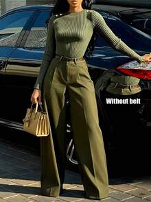 Women's Casual 2 Pieces Set For Autumn & Winter, Elegant Ribbed Knit Top With Gold Buttons On Shoulders, High-Waisted Non-Stretch Wide-Leg Pants - Army Green - View 1