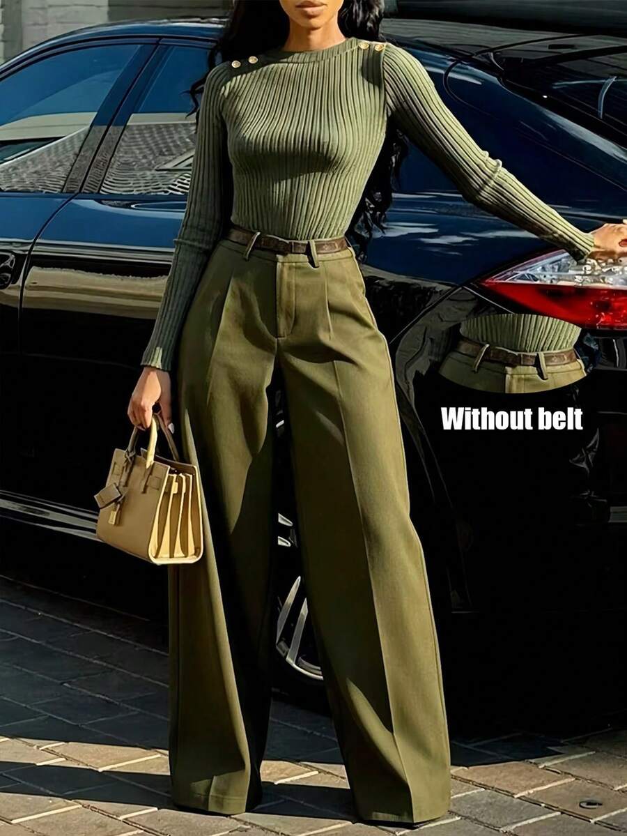 Women's Casual 2 Pieces Set For Autumn & Winter, Elegant Ribbed Knit Top With Gold Buttons On Shoulders, High-Waisted Non-Stretch Wide-Leg Pants - Army Green - View 1