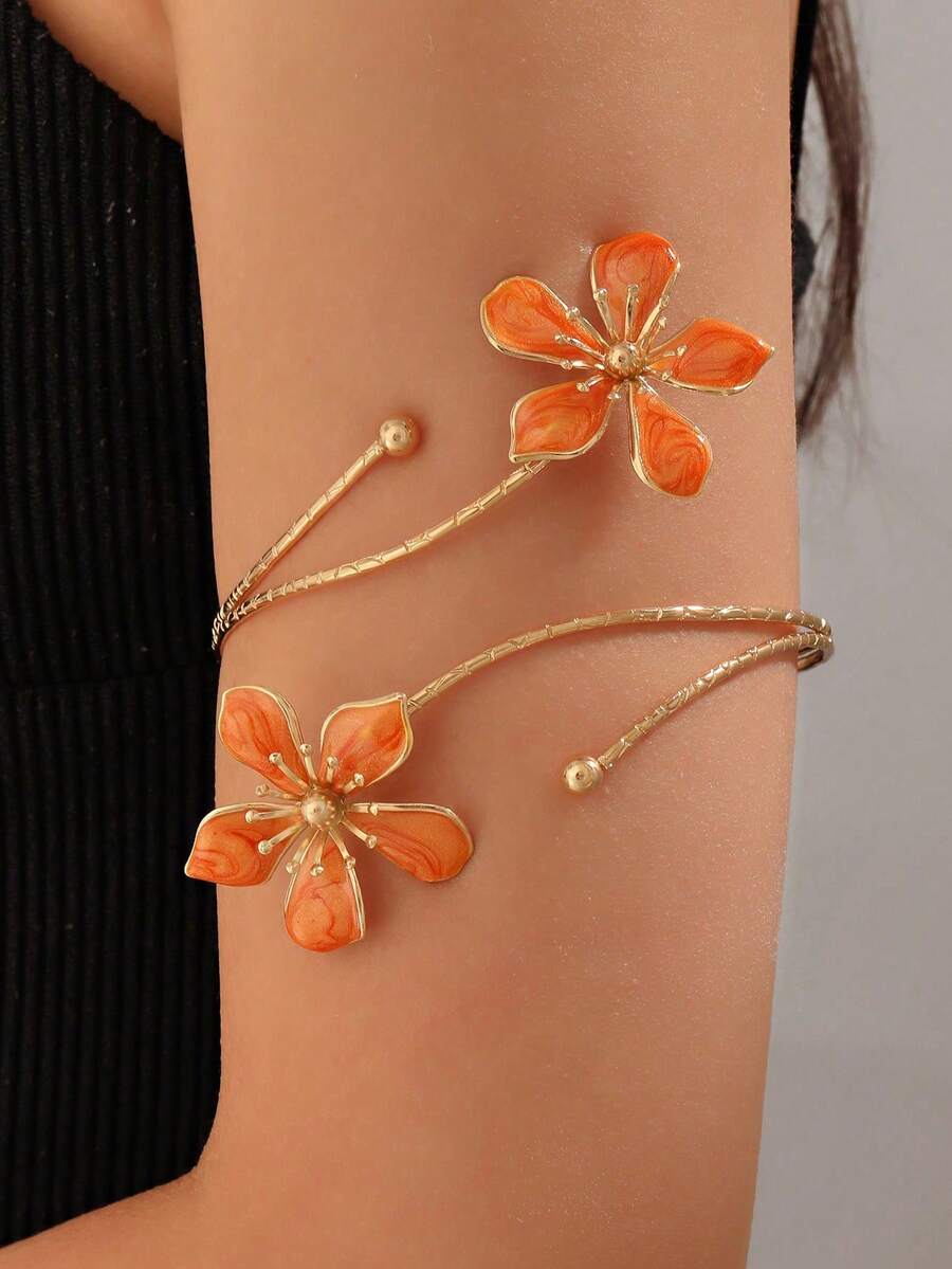1pc Exquisite Orange Flower Arm Bracelet, Vacation Style Armlet, High-End Niche Jewelry Accessory - Orange - View 1