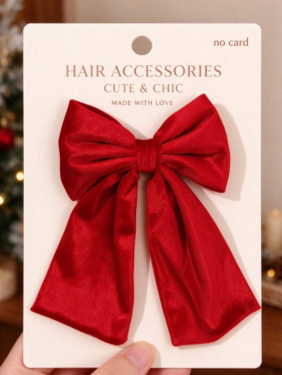 1pc Red /Dark Green/Burgundy Velvet Long Tail Bow Hair Clips For Girls, Cute Barrettes, Daily Party Hair Accessories - Multicolor - View 1