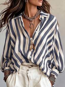 Women's Autumn/Winter Minimalist Striped Shirt, Casual Daily Outing Commute Top, Women's Formal Shirt Office Wear, Women's Halloween Christmas Thanksgiving Outfit - Grayish White - View 4