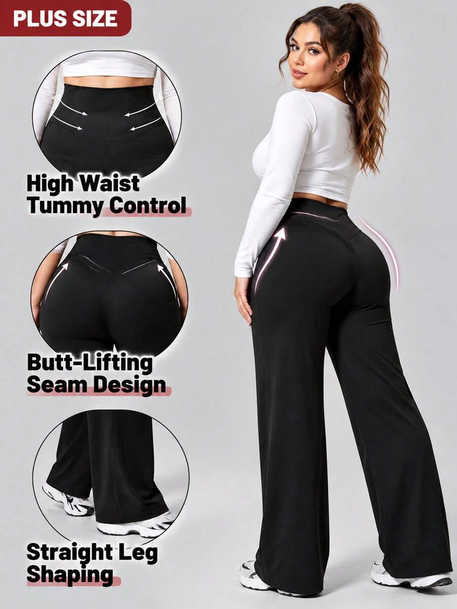 1pc Plus Size Black High Waist Straight Leg Yoga Pants, Tummy Control Butt Lifting 4-Way Stretch Sports Pants, Suitable For All Seasons Winter - Black - View 1