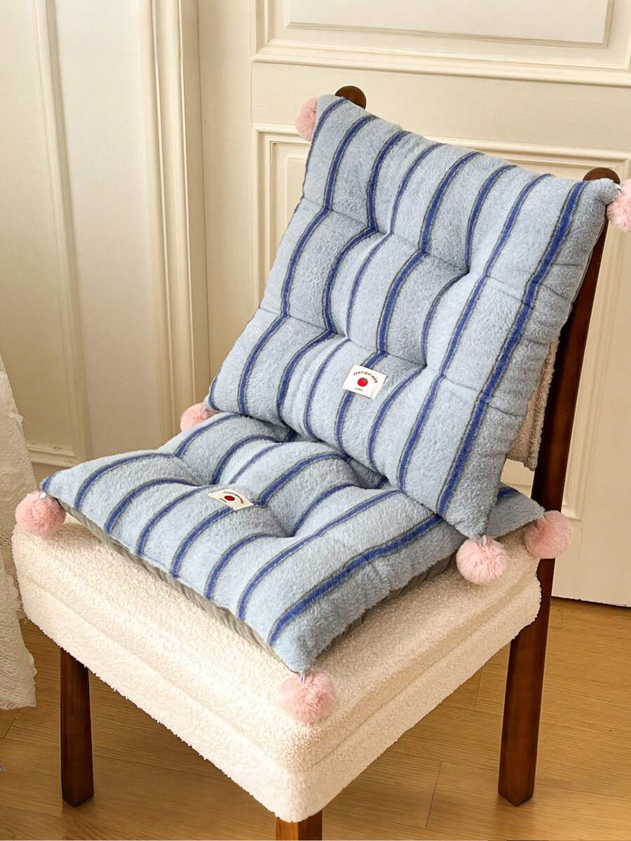 1pc Cute Pom Pom Decor Faux Wool Quilted Backrest Chair Pad, Striped Pattern Soft Thick Plush Seat Cushion, Suitable For Dining Chairs, Office Chairs, Home Decor - Light Blue Stripes - View 1