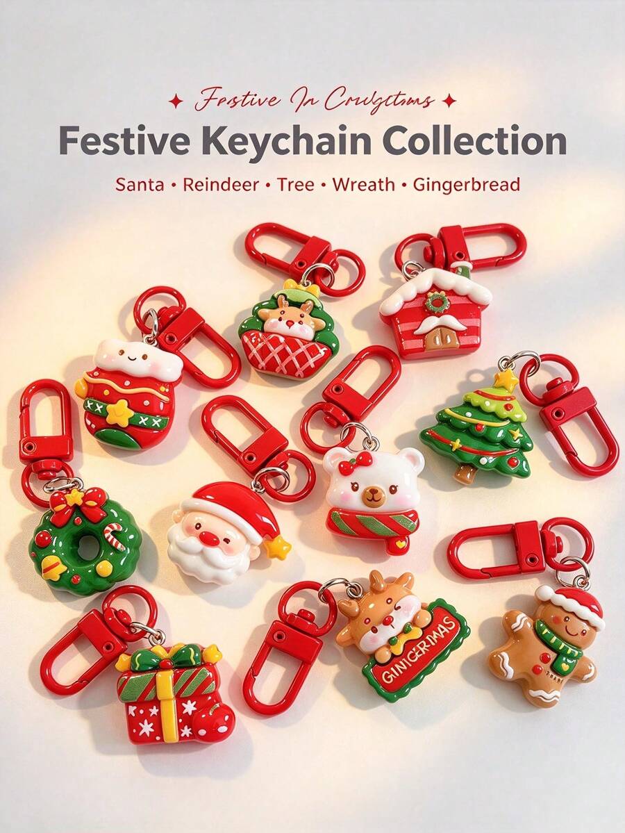 10pcs/20PCS Red Resin Cartoon Christmas Home Keychain – Cute Santa Claus Backpack Charm/Accessory – Gift For Best Friends - Multicolor - View 1