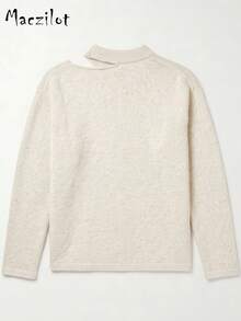 Curve Plus Size Solid Color Hollow Out High Neck Knit Top, Long Sleeve Asymmetric One Shoulder Pullover Sweater, Autumn Daily Commute Outfit - Khaki - View 8
