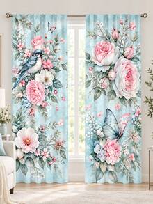 2pcs Vintage Pink Rose Bird & Butterfly Pattern Printed Curtains, Single-Sided Print, Semi-Sheer Rod Pocket Curtains, Bedroom Living Room Kitchen Decor, Multiple Sizes Available, Privacy Protection, Machine Washable, Fade-Resistant (Rod Not Included) - A - View 1