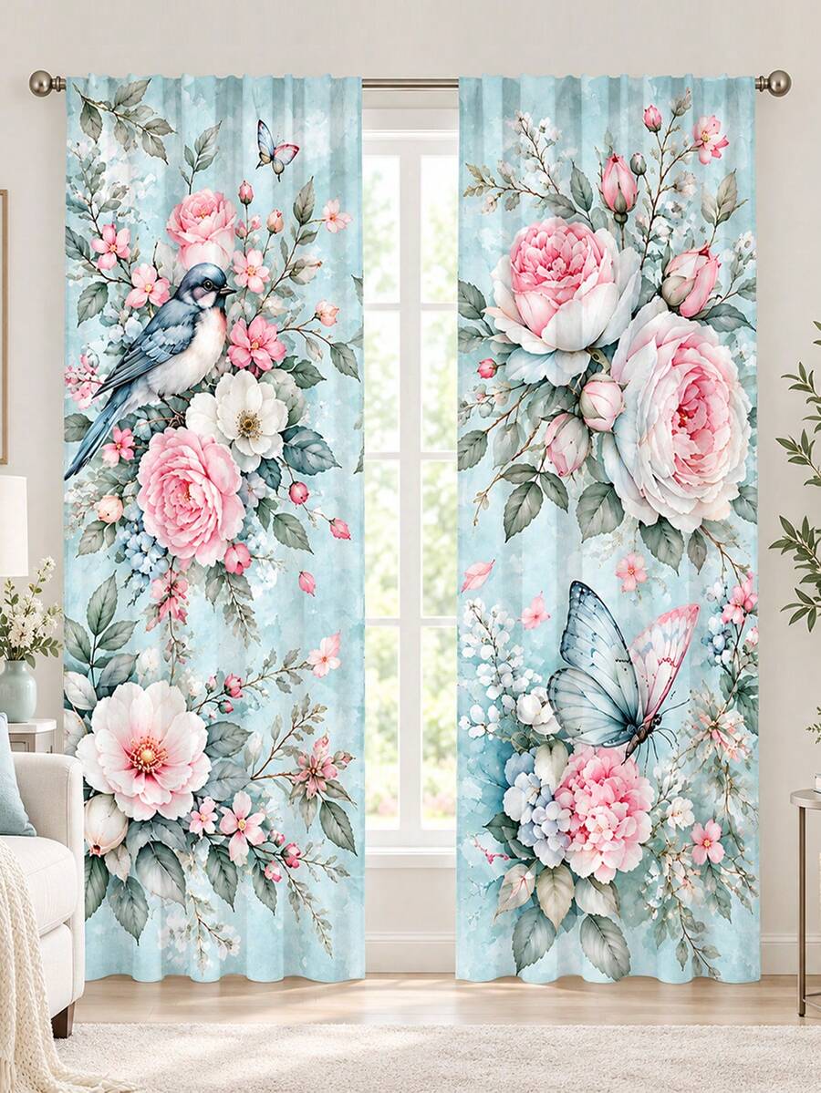 2pcs Vintage Pink Rose Bird & Butterfly Pattern Printed Curtains, Single-Sided Print, Semi-Sheer Rod Pocket Curtains, Bedroom Living Room Kitchen Decor, Multiple Sizes Available, Privacy Protection, Machine Washable, Fade-Resistant (Rod Not Included) - A - View 1