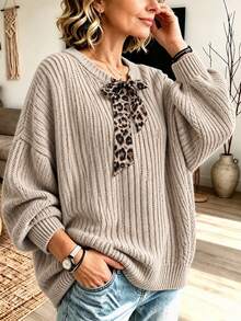 Women's Ribbed Knit Long-Sleeved Crewneck Sweater With Leopard Print Scarf, Autumn And Winter Fashion Basic Top - Apricot - View 3