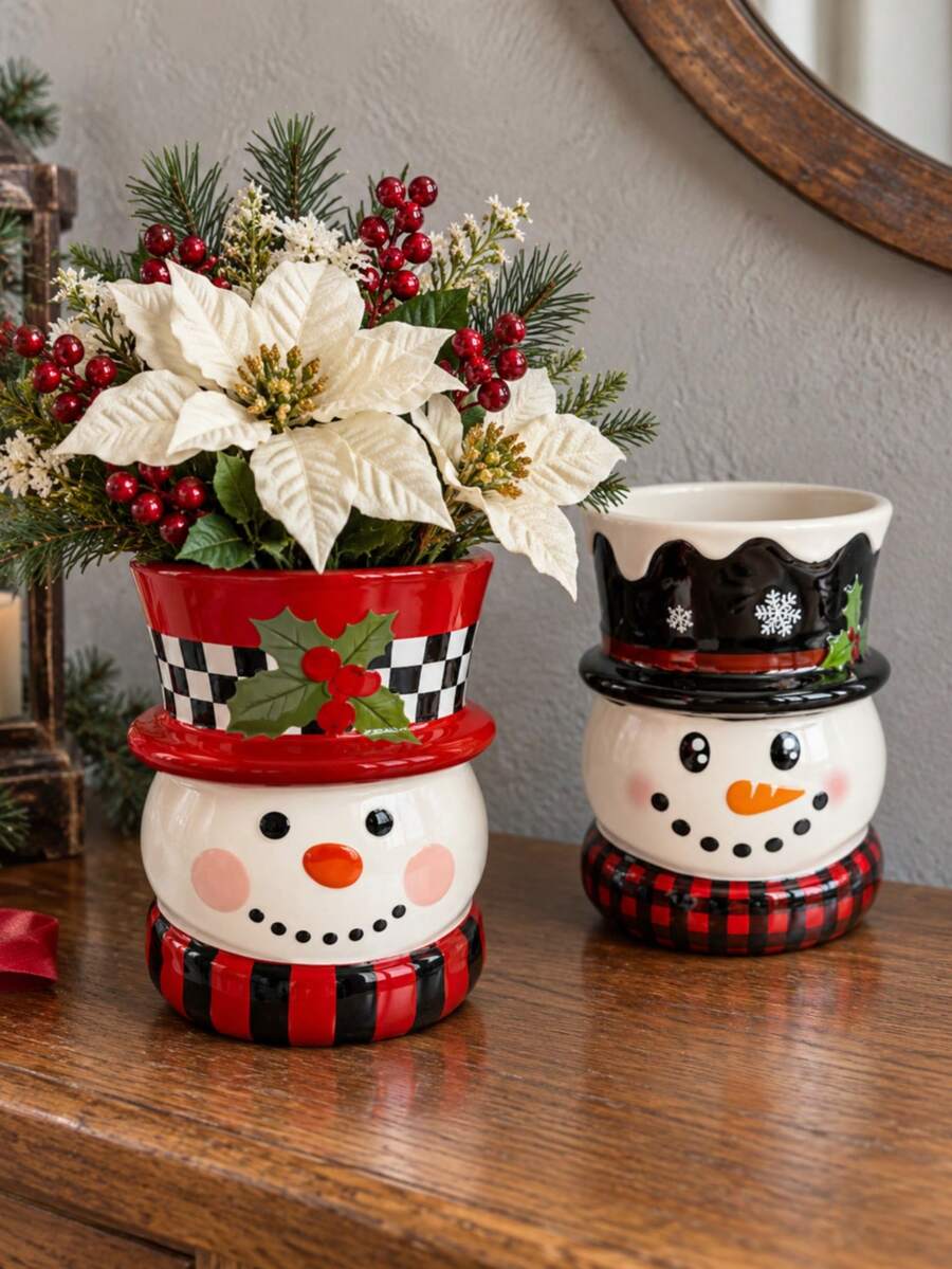1pc Cute Christmas Snowman Vase, Winter Holiday Floral Centerpiece For Dining Table, Shelf & Fireplace Mantel - A - View 1