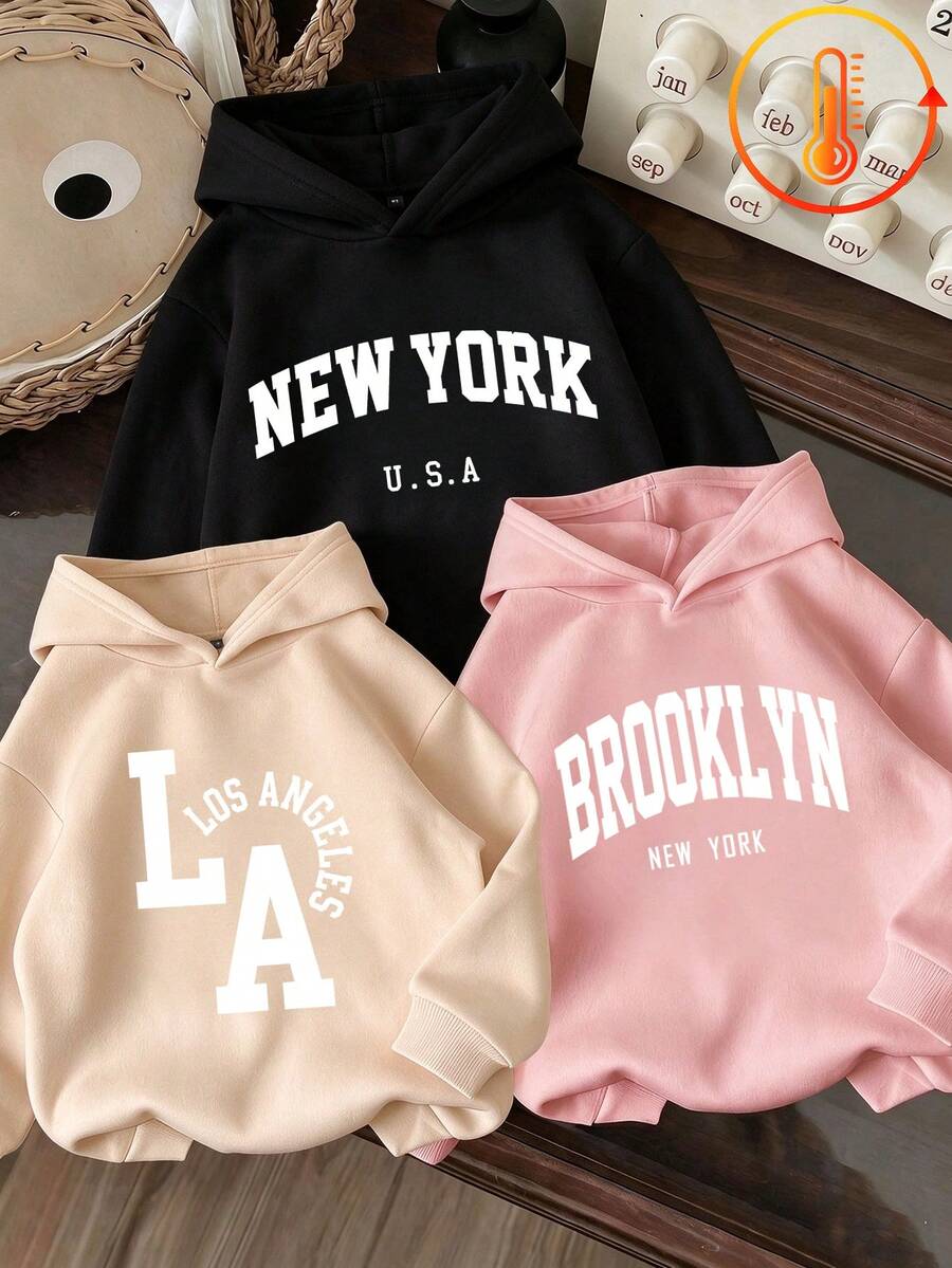 3pcs-Tween Girl 3 Pieces Set, Fun Print Thermal Lined Hooded Pullover Sweatshirt, Warm And Comfortable For Autumn/Winter - Black - View 1