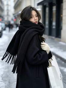 1pc Women's Winter Tassel Couple Scarf, Thick Warm Cold-Proof Multi-Functional French Plaid Scarf, Fashionable Atmosphere, Winter Christmas Gift, Birthday Gift - Multicolor - View 8
