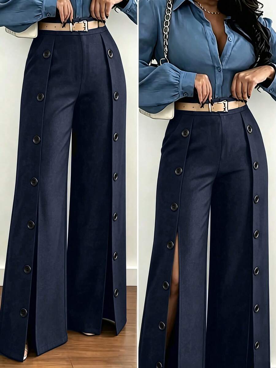 Women's Navy Wide Leg Palazzo Pants With Button Detail, Long Slit ...