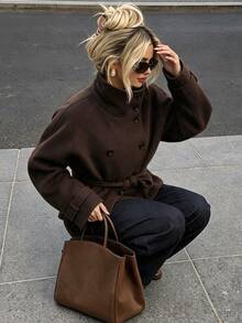 Jaket Wol Campuran Model Pendek Berpotongan Pas Badan dengan Kerah Tinggi dan Kancing Ganda Warna Polos untuk Musim Gugur/Dingin, Mantel Komuter Vintage Inggris - Coffee Brown - View 2