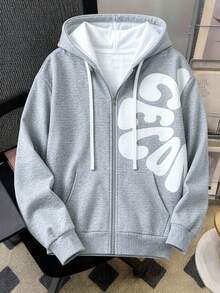 Men's Zipper Hoodie With Drawstring, Side 3D Letter Decoration, Suitable For Casual And Streetwear, Gift For Family, Friends And Boyfriend - Light Grey - View 8