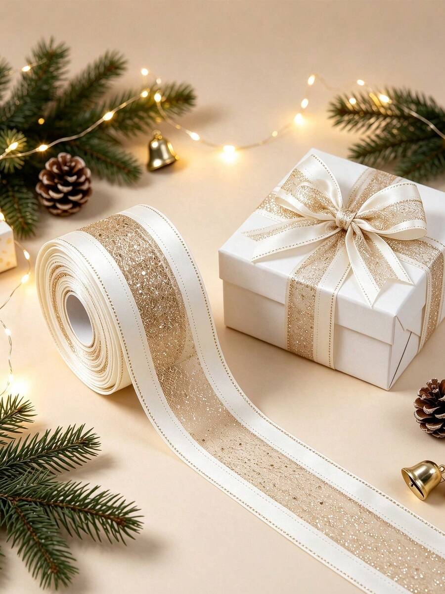 Ruy băng satin kim loại đính kim sa vàng viền trắng, phù hợp trang trí cây thông Noel, gói quà, làm nơ đám cưới và vòng hoa, ruy băng satin thủ công polyester kim sa vàng bóng bền, phù hợp cho đồ thủ công DIY, trang trí nhà cửa, phụ kiện tiệc Giáng Sinh