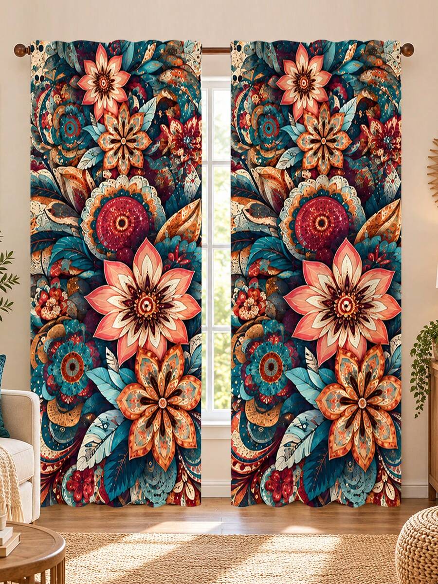 2pcs, Bohemian Mandala Floral Pattern Printed Curtains, Single-Sided Printing, Semi-Sheer - Rod Pocket Curtains, Bedroom Living Room Kitchen Decor, Multiple Sizes Available, Privacy Protection, Machine Washable, Fade-Resistant Curtains (Rod Not Included) - A - View 1