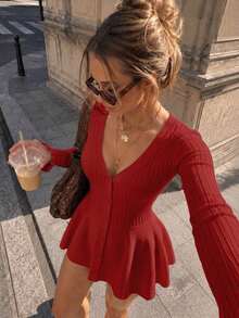 Y2K Elegant Autumn Minimalist Front Button Slim Fit V-Neck Long Sleeve A-Line Flared Hem Ribbed Knit Sweater Dress, Casual Party Holiday Christmas Outfit - Red - View 1
