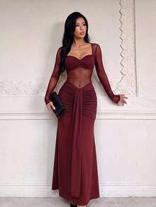 1pc Solid Color Sexy Knit Fabric Sheer Dress For Evening Date, Beach Vacation, Autumn - Burgundy - View 3