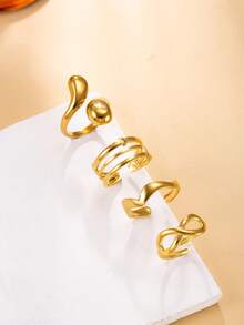 4pcs Minimalist Fashion Stainless Steel Gold Ring Set, Twisted Water Drop Cross Design, Suitable For Women's Daily Wear, Date, Holiday, Engagement, Wedding, Gift Jewelry Matching - Gold - View 2