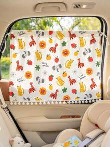 Cartoon Animal Print Fabric Car Sunshade Curtain, Multi-Functional Car Interior Blackout Storage Curtain With Pom Pom Trim Design, Baby Travel Sun Protection Fabric Storage Accessory - Multicolor - View 9