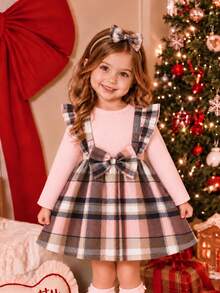 Baby Girls Valentine's Day Red Plaid Cute Bow Plaid Patchwork Ruffle Hem Long Sleeve Dress + Bow Hair Scrunchie - Pink - View 1
