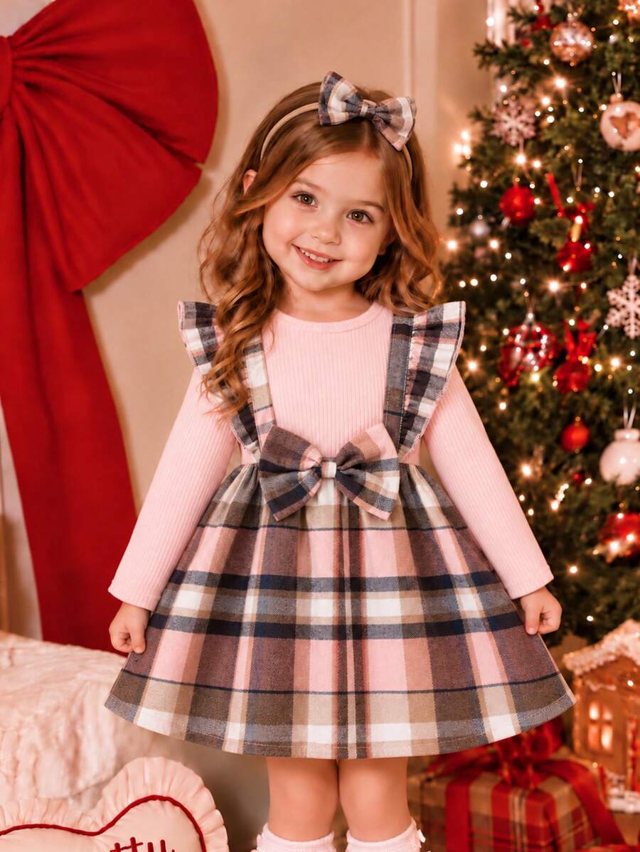 Baby Girls Valentine's Day Red Plaid Cute Bow Plaid Patchwork Ruffle Hem Long Sleeve Dress + Bow Hair Scrunchie - Pink - View 1