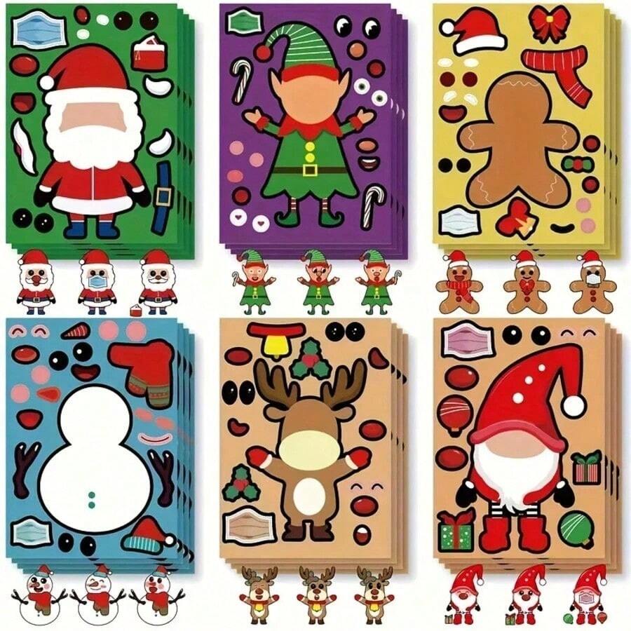 1set/12pcs Xmas Dress Up Sticker,Snowman,Reindeer,Face Mixing Decal,Scrapbook Decor,Party Favor,Handmade Diy Craft,Festive Decorative Sticker - Multicolor - View 1